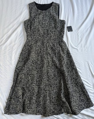 ZARA Basic Herringbone Fit And Flare Sleeveless Midi Dress Black Off White Large