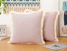 Throw Pillow Covers 18x18 Set of 2 Striped Pillow Covers with Fringe Chic Cot...