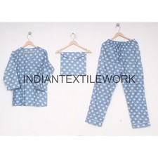 Indian Hand Block Print Floral V - Neck Cotton Pajama Set Night Sleepwear Dress