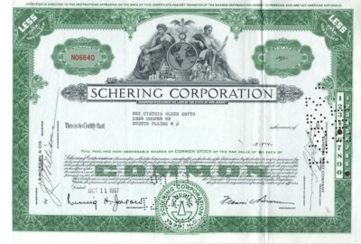 Schering Corporation - Original Stock Certificate - 1957 - N06640