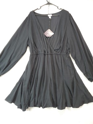 Ava & Viv Women's Long Sleeve V-Neck Empire Waist Witchy Black Dress Plus Sz 1X