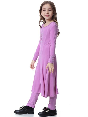 Kids Abaya Muslim Prayer Maxi Dress Girls Pants Robe 2-Piece Set Islamic Kaftan - Picture 45 of 60