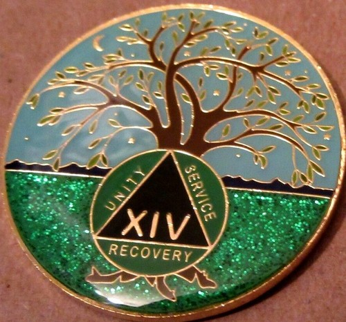 Tree - Blue green SPARKLE Alcoholics Anonymous 14 year AA Medallion Sober Token - Picture 7 of 8