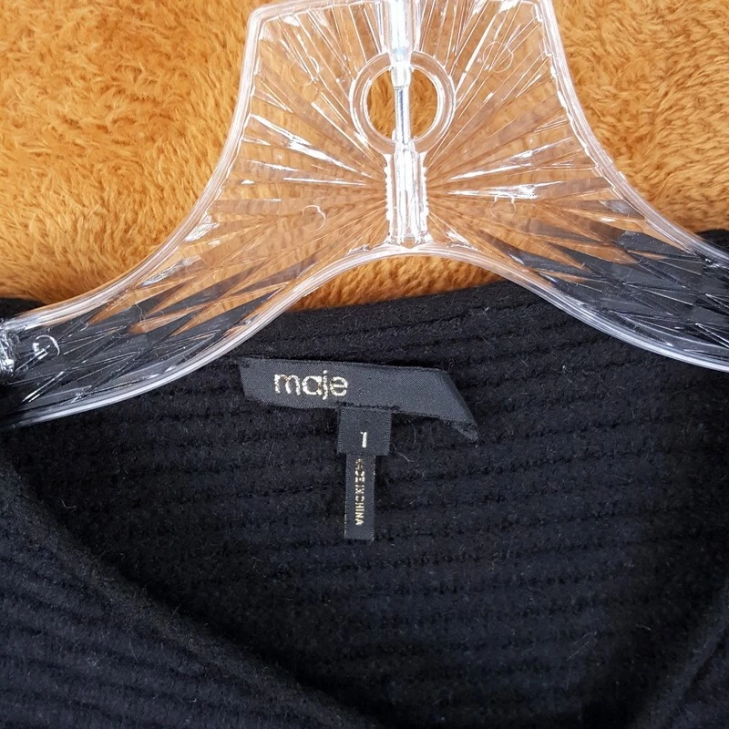 Cardigã MAJE Suéter Feminino Tamanho 1 Preto com Zíper com nervuras Casaco Angorá Robusto - Imagem 3 de 4