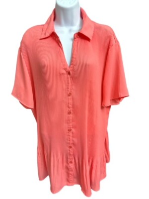 Woman Within 14/16 Top Attractive Orange Accordion Pleat Fabric Button Up Roomy