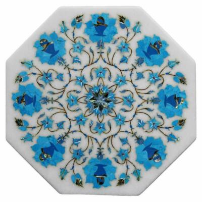 18'' White Marble Table Top Coffee Center Inlay Lapis Mosaic Home Decor G512