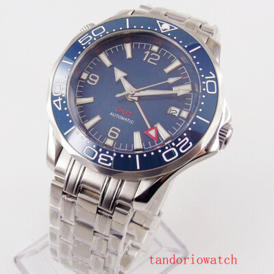 New 41mm blue dial auto date GMT mechanical automatic men watch stainless strap