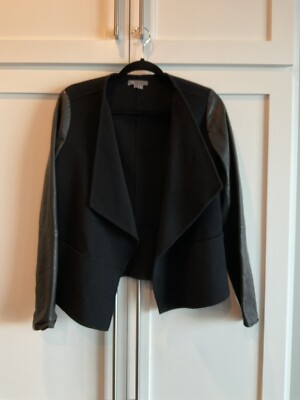 $900 Vince Leather Sleeve Drape Front Jacket Wool Blend Open Front
