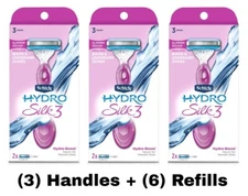 Schick Hydro Silk 3 Razor Kits - (3) Handles + (6) Refill Cartridges Hydra-Boost