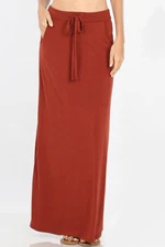 Women's Maxi Skirt Soft Stretch Knit Drawstring High Waist Casual Basic Solids 