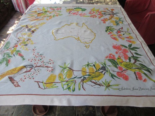 Vintage Linen Tablecloth,Australian Birds 127 x 117 cms