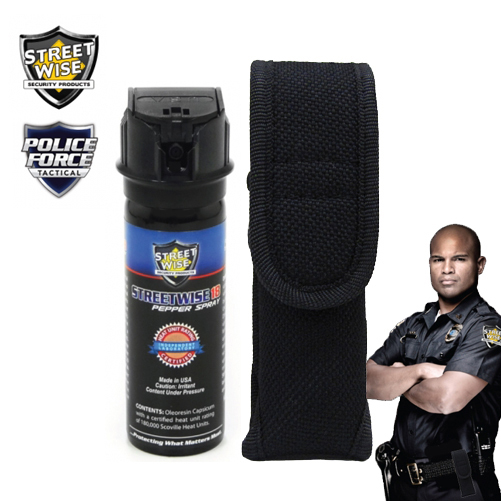Streetwise18 Pepper Spray 3 oz Flip Top & Police Force Heavy Duty Holster Sheath