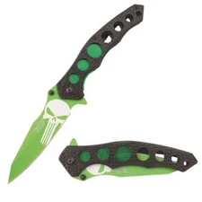 8.75" DARK FANTASY BLADES PUNISHER PRINTED SPRING ASSISTED FOLDING KNIFE GREEN