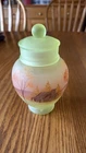 Fenton Hand Painted D Johnson Uranium Log Cabin Temple Jar Artist Signed