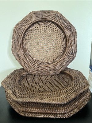 Set Of 4  Rattan Wicker Woven Octagon Plate Chargers 12  & 8.5  Center