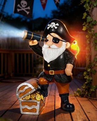 Pirate Gnome Solar Garden Statue Outdoor Figurine Decor Lights