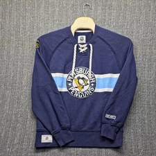 CCM Pittsburgh Penguins Lace Up Sweatshirt Mens Large Blue Distressed NHL Hockey