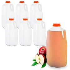 64 Oz HDPE Plastic Juice Bottles with Orange Tamper Evident Caps Set of 6 Bot...