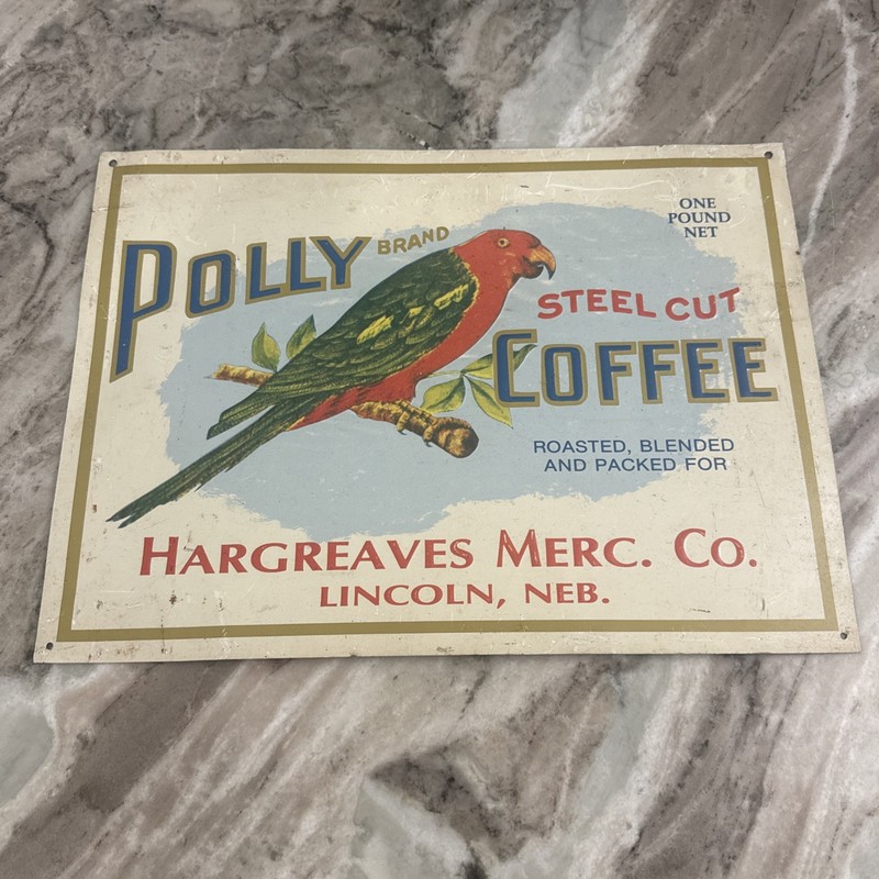 POLLY Brand Coffee SIGN 16 X 12 In Embossed Metal Parrot Graphics Lincoln Neb