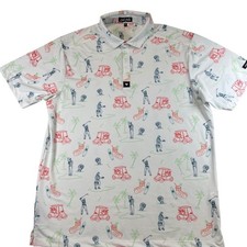 Bad Birdie Golf Polo Mens XL White Novelty Print Golf Carts Hot Dogs Palm Trees