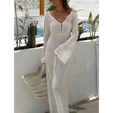 Commense White Crochet Knit Maxi Dress Long Sleeve Deep V Neck Cover Up Size S