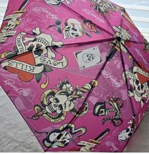 NWT Ed Hardy Auto Open Compact Umbrella Love Kills Slowly Pink Skull Snake Rose