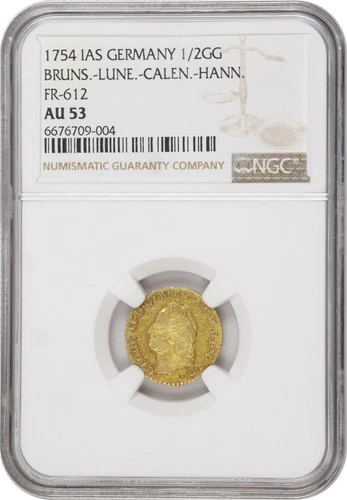 GERMANY , GOLD 1/2 GULDEN 1754 IAS - HANNOVER MINT - NGC AU 53 , RARE5