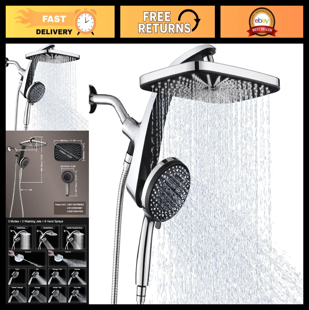 High Pressure Rain Shower Head: Upgrade Shower Heads with Handheld Spray Combo