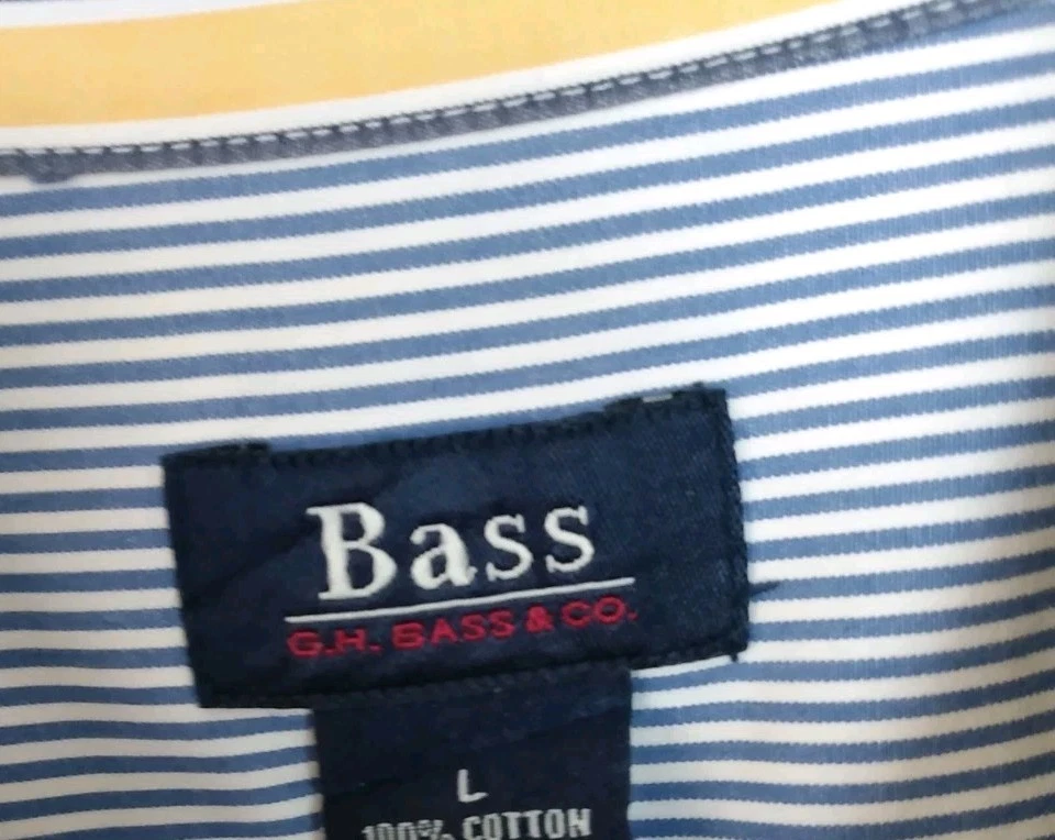 Camisa GH Bass Hombre Talla L Grande Azul Marino Amarillo Manga Larga Abotonada Rayas Foto 4 de 4