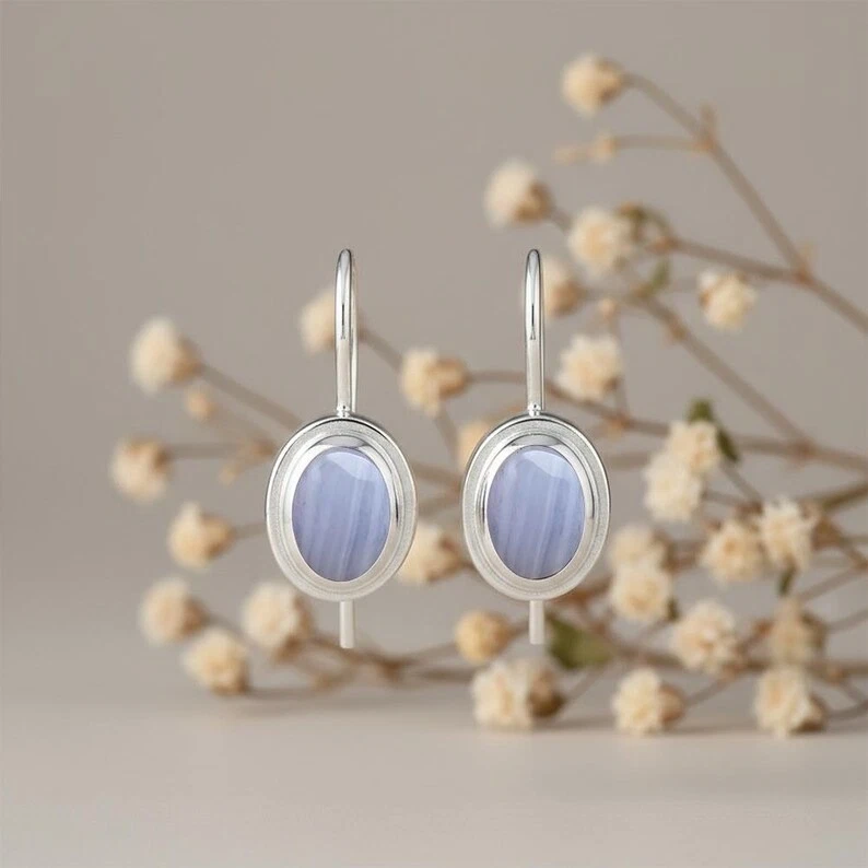 Серьги-гвоздики из серебра 925 пробы с синим кружевом и агатом ручной работы - Изображение 2 из 4