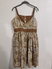 Anna Sui Beige Brown Paisley Satin Silk Dress V-Neck Fit Flare Knee 12