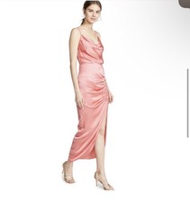 Pink Satin Ruched Midi Maxi Dress Sleeveless Cowl Neck Side Slit