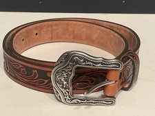 Tony Lama Western Leather Belt Size 30 Brown Tooled Cowboy Horse Buckle USA