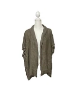 Match Point Gauze Linen Open Cardigan with Raw Edges Green Size Large