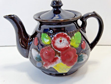 Tea Pot, Vintage Japan Hand Painted Brown with Flowers, 4"