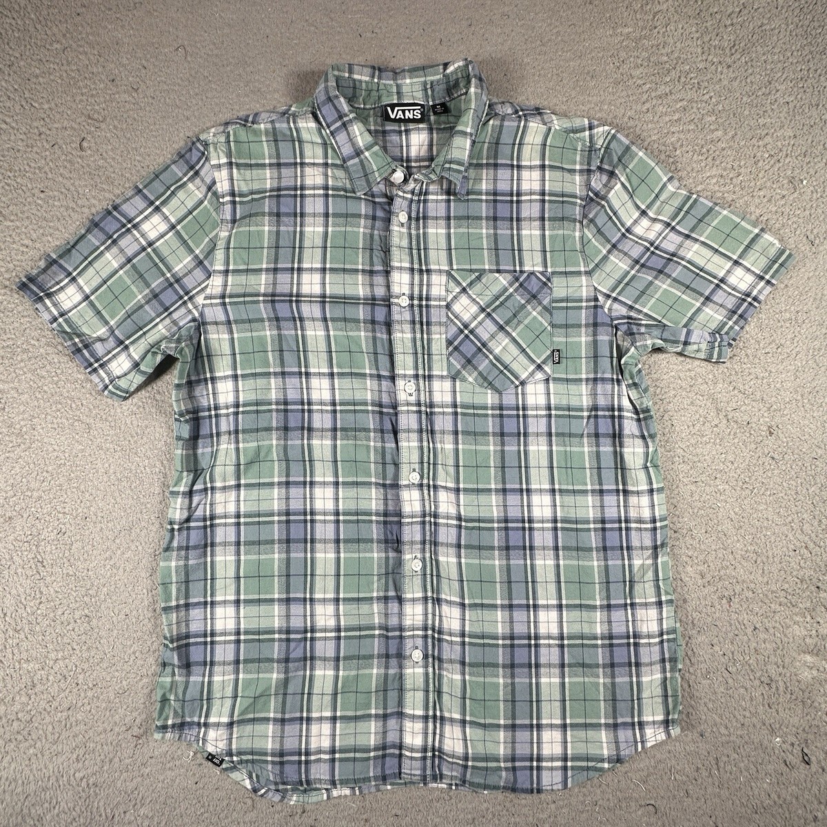 Vans Mens Shirt Size M Green Blue Plaid Button Up Short Sleeve 