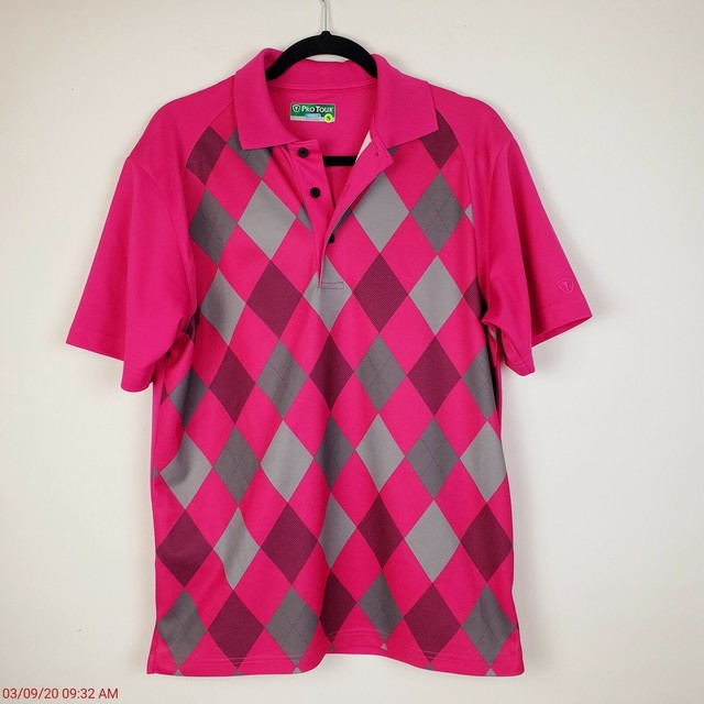 Pro Tour Cool Play Mens Hot Pink Argyle Golf SS Polo Shirt Small