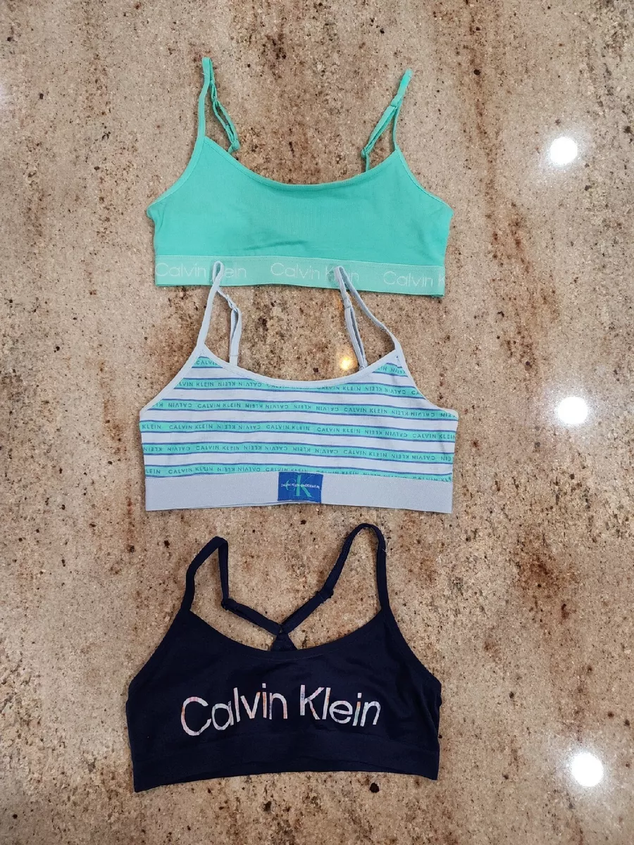 New Girls CALVIN KLEIN Logo Set Of 3 Blue/Green Assorted Bralette