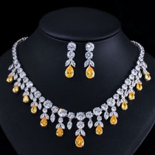 Yellow Teardrop Zirconia Leaf Earrings Necklace Silver Plated Bridal Jewelry Set