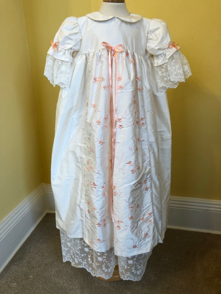 Ivory/peach silk original Heirloom Christening Gown Hand made