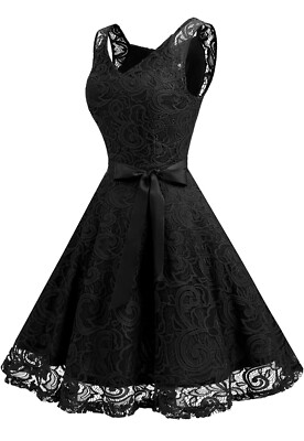 Women V Neck Floral Lace Bridesmaid Party Dress Short Prom Dress Size S  Black | eBay