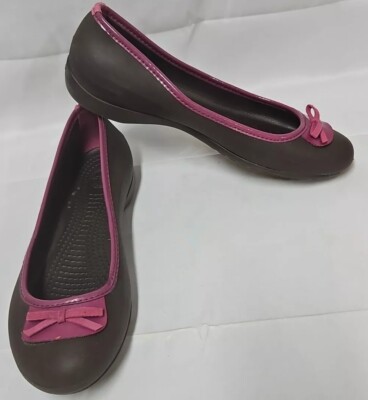 CROCS Womens Lily Ballet Flats Size Brown Pink Rubber Slip On Shoe Bow 