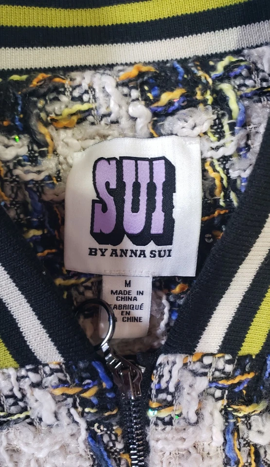 Chaqueta de bombardero tejida brillante pata de gallo SUI By Anna Sui rara para mujer talla mediana Foto 3 de 4