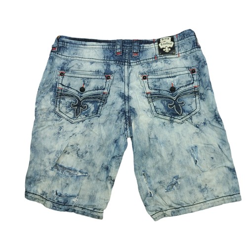 Heavily TRASHED Rock Revival Shorts Herren 42 Tie Dye Acid Wash Light Denim LESEN - Bild 7 von 19