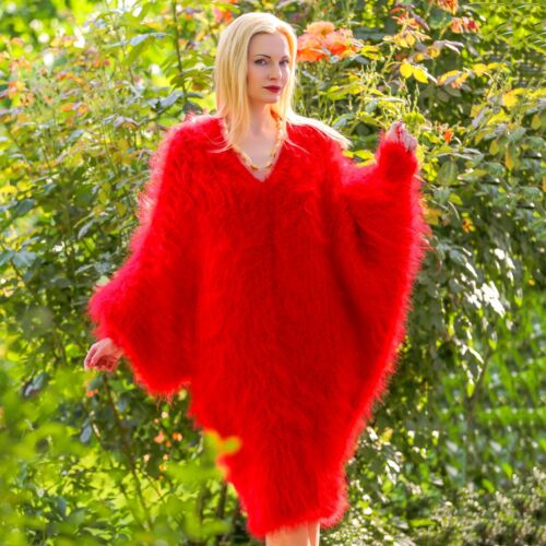 Rot Fledermaus Mohair Kleid lässiger Pullover übergroß V-Ausschnitt Tunika SUPERTANYA - Bild 1 von 7