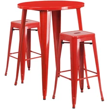 30'' Round Red Metal Indoor-Outdoor Restaurant Bar Table Set w/2 Barstools