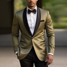 Men's Olive Shawl Lapel Blazer Black Pant Tuxedo Wedding Groom Prom Party Suit
