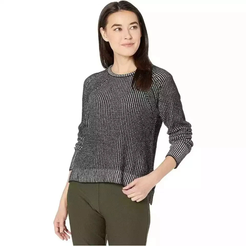 Suéter Eileen Fisher Algodón Orgánico Chenilla Negro Pequeño Pullover Blanco Foto 2 de 4