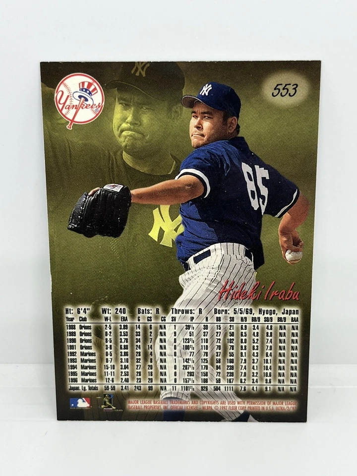 1997 Fleer Ultra HIDEKI IRABU Rookie New York Yankees #553 RC - Image 2 of 2