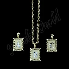 10K Yellow Gold Initial Letter Plate Pendant A-Z Alphabet Charm Rope Chain